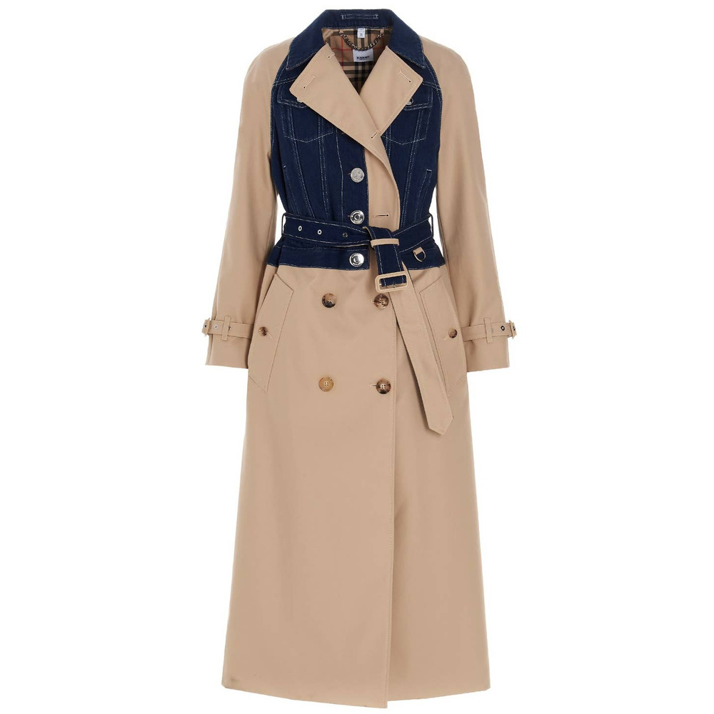 Burberry Beige Paneled Cotton-Gabardine & Blue Denim Double-Breasted Trench Coat